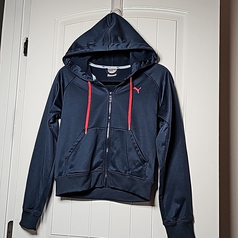Puma Training XS navy blue zip up hoodie, neon pink/orange accents